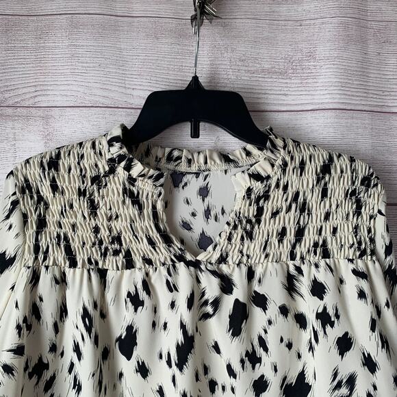 White with Black Spots Blouse Long Sleeve Round Ruffle Neck Bishop Billow Sleeve - Picture 4 of 15